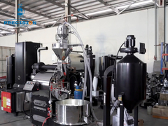 15 kg'lık profesyonel kahve kızartma makinesi, tam otomatik yükleyici, duman çıkarıcı ve kahve kabı ile donatılmıştır